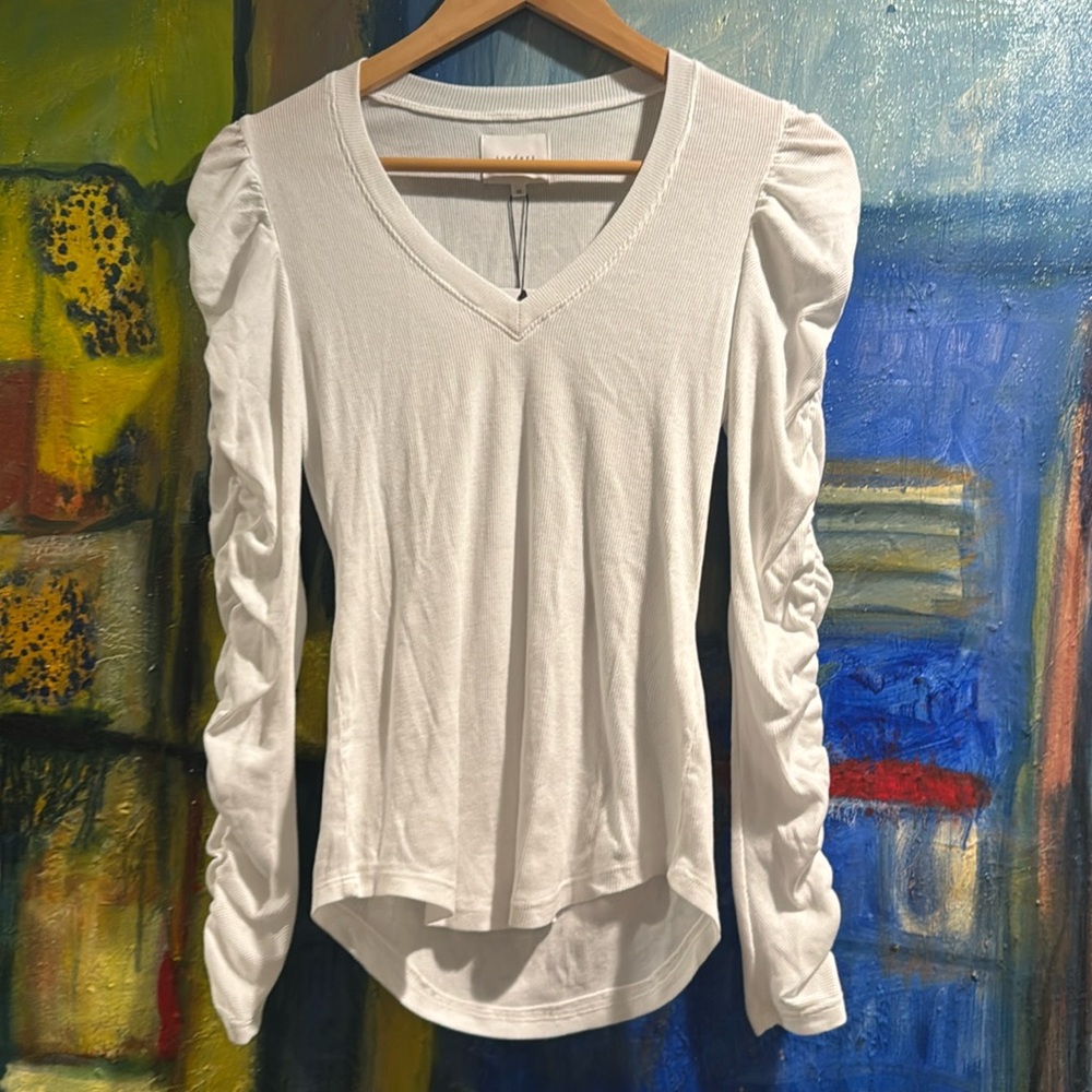 Sundays white v-neck ribbed ruched long-sleeved IVETTE TOP size xs